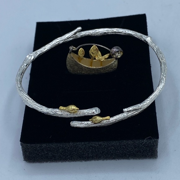 925 Sterling Silver Handmade birds on a branch Bangle and Garden Pot Pendant - Picture 1 of 11